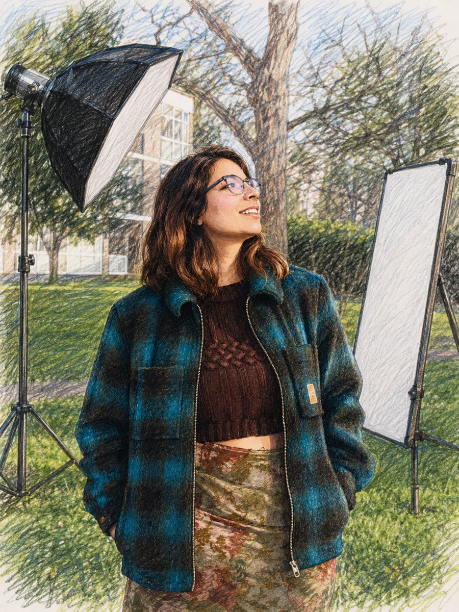 Colored pencil-style portrait of Priyanka smiling outdoors on a photo shoot