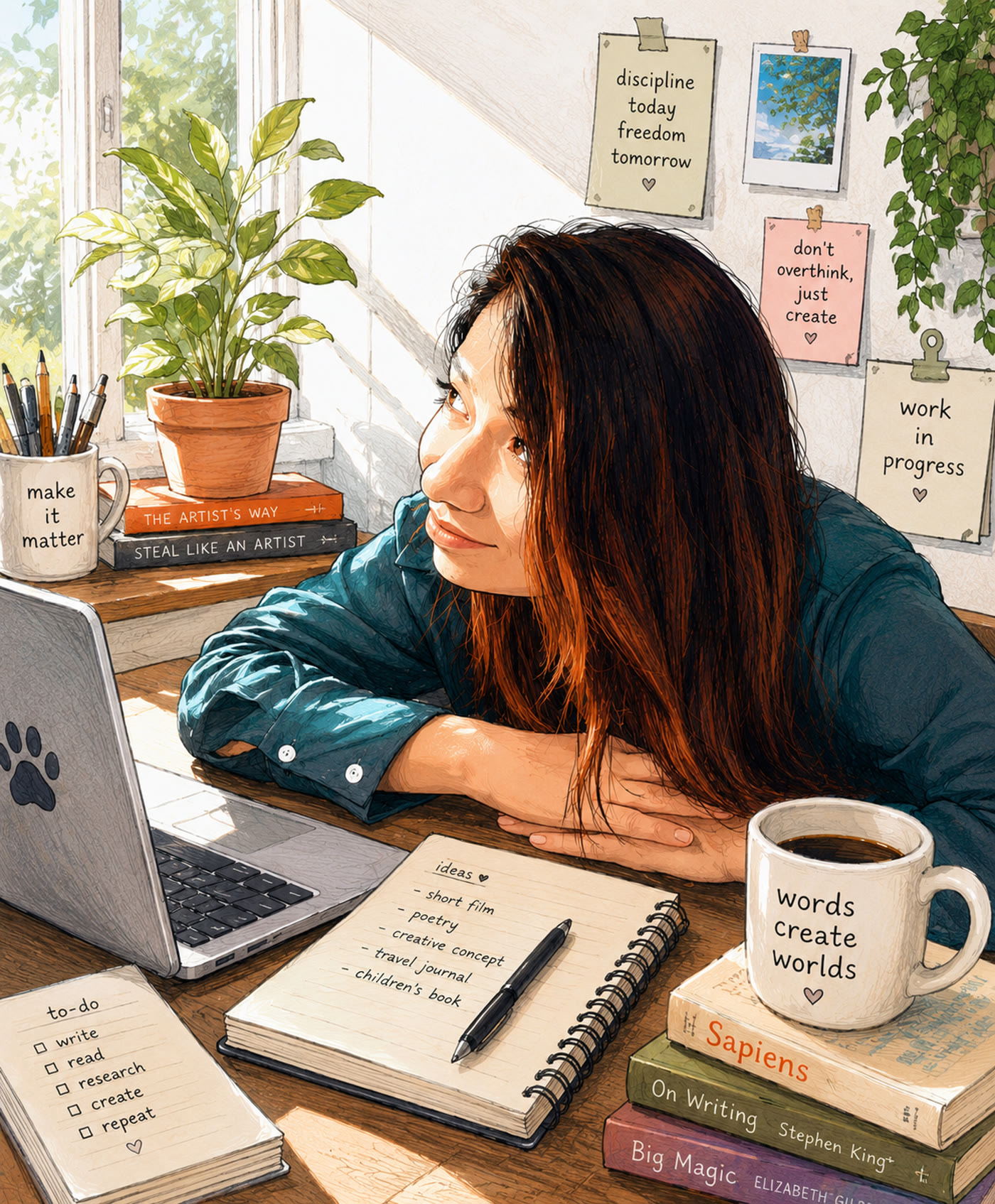 Illustration of Priyanka at her writing desk, looking up in thought, surrounded by notebooks, plants and inspiration notes